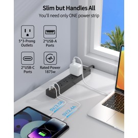 DEPOW 5-Outlet Power Strip Surge Protector with 4 USB Ports (2 USB C), 10 Ft Ultra Thin Extension Cord, Low Profile Flat Plug, 15 Amp Circuit Breaker, 1700 Joules, Wall Mount for Home Office, Black