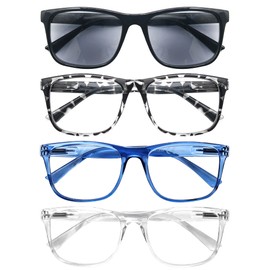 OLOMEE Large Reading Glasses Men +0.75 Oversized Square Wide Sunglasses Readers 4 Pack,Comfy Lightweight Cool Eyeglasses for Reading Flexible Spring Hinges for Big Head/Large Face