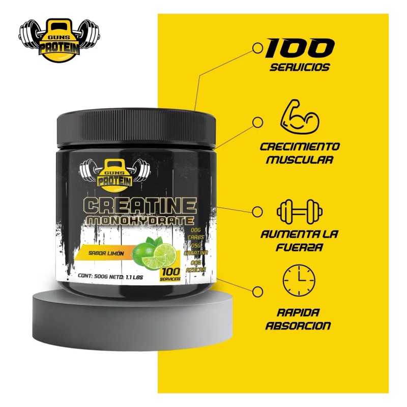 Creatina Monohidratada 500g En Polvo Guns Varios Sabores Limón