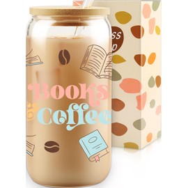 Book Lover Gift, Books & Coffee Glass Tumbler 16 oz, Gifts for Her, Bookish Gifts, Bookworm Club Gift, Secret Santa Present, College Birthday Reading Presents, Iced Coffee Glass with Lid and Straw