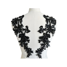 Handmade Shining Rhinestones lace Applique Patches Sewing Beads Sequins Stone Trim Accessories for Wedding Dress one Pair/Bag (Black)