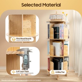 HETEPPTR Rotating Bookshelf 3 Tier Wooden 360 Display Floor Standing Bookcase Kids and Adults Multi-Functional Bookshelf Organizer with 4 Legs for Balconies, Living Rooms, Study Rooms