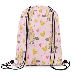 jejeloiu Platypus Drawstring Backpack 13x15.7inch Australian Animals Pink Gym String Bag Cute Heart Pattern Drawstring Bags Waterproof Cinch Bag（Glitter Print）