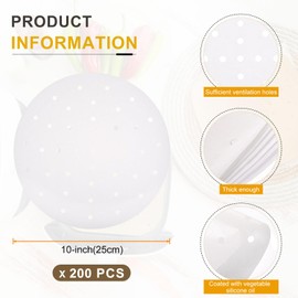 QUARKZMAN Pack of 200 Air Fryer Liners 10 Inch Round Bamboo Steamer Liner with Holes Non-Stick Perforated Parchment Paper Disposable Steamer Paper for Air Fryers Steam Basket, White