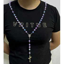 Kuesn 8mm Ocean Beads Catholic Rosary Necklace Beads Purple Round Beads Miraculous Medal Cross Crystal Religious Necklace (Purple)