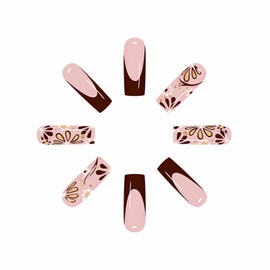 MISUD Press on Nails - Long Square Fake Nails with Fall Brown, Acrylic Autumn Flower Design 24 pcs