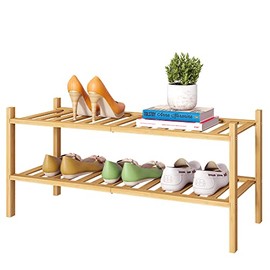 FILWH Bamboo Shoe Rack Stackable Shoe Shelf Storage Organizer for Unit Entryway Hallway and Closet Sturdy Freestanding Shoe shelf Natural (2 Tier)