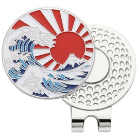 ゴルフマーカー 両面デザイン 葛飾北斎 神奈川沖浪裏 赤富士 32mm マグネット式 ハットクリップ付き コンペ 景品 ギフト 面白い U0004 (Type1)