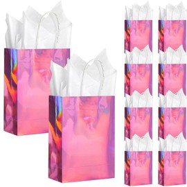 24 Pcs Iridescent Pink Gift Bags Decorations, Holographic Foil Party Favor Bags with Handles, Pink Paper Candy Goodie Bag with 24 Tissue Paper for Graduation Birthday Baby Shower Party Supplies