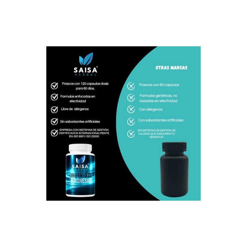 SAISA HERBAL Orotato de Magnesio 100% Puro, 120 Cápsulas |