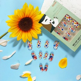 Medium Square Press on Nails 4th of July White Fake Nails with Independence Day Red Blue White Fireworks Stars Pattern Design Artificial False Nails Acrylic Glossy Glue on Nails for Women 24 Pcs