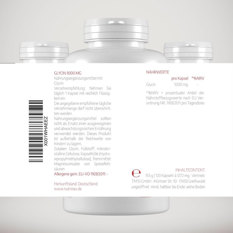 Nutrinax Glycine 1000mg 120 Vegan High Dose Capsules - Made