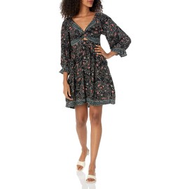 Angie Women's Long Sleeve Twist Front Keyhole Tiered Skirt Dress, Black, Medium