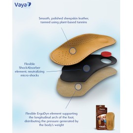 Vaya Medical Orthopeadic Insoles for Longitudinal Flat Feet Leather Insole 3/4 Insoles for Women and Men Elastico Brown 44 Size 9.5