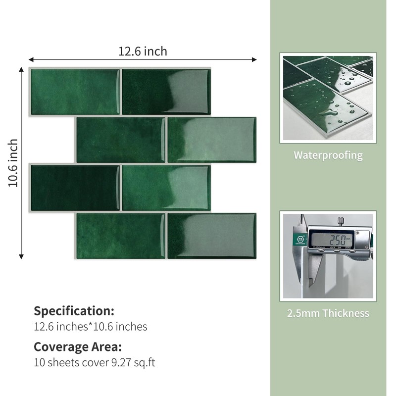 MOONFUN 10 Sheet Thicker Subway Tiles Dark Green Peel and