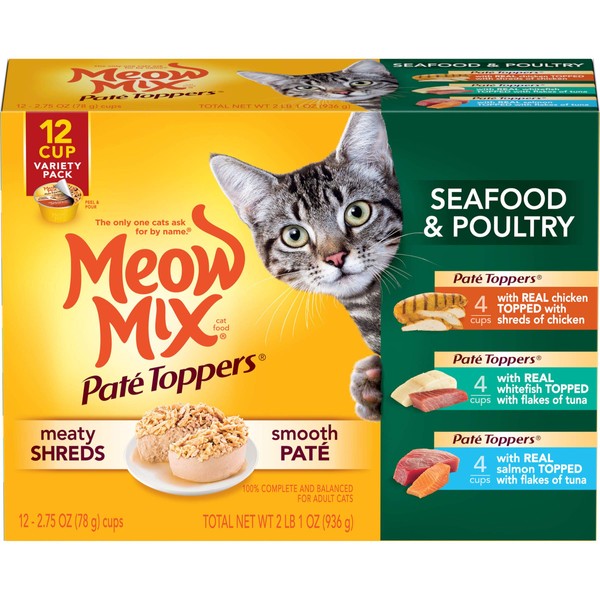 Meow Mix Paté & Shreds Wet Cat Food Variety Pack, Seafood & Poultry Favorites, 12 Cups, 2.75 Oz. Each