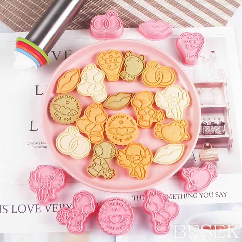 BESEK Valentine's Day Cookie Cutters: With Plunger Stamps Set, 8