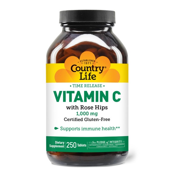 Country Life Time Release Vitamin C with Rose Hips, Supports Immune Health, 1,000mg, 250 Tablets, Certified Gluten Free, Certified Vegan