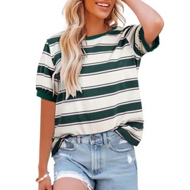 Dokotoo Women's Tops Casual T Shirts for Women Loose Fit Plus Size Short Sleeve Tees Basic Tshirts Summer Workout Tops for Women Color Block Striped Crewneck Fashion T-Shirts Blouse Green Small