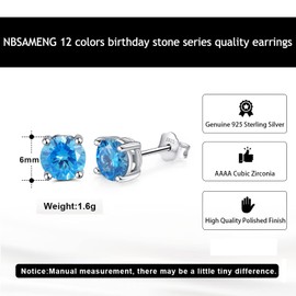 Nbsameng S925 Sterling Silver Cut Cubic Zirconia Round Stud Earrings for Women，Birthday Stone CZ Studs Ear Piercing Earrings Hypoallergenic Jewelry Gifts 6MM (Dec-Blue)