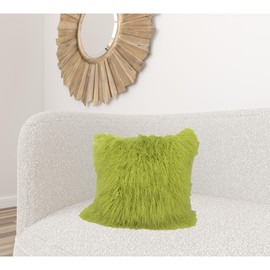 Homeroots 20" Lime Green Genuine Tibetan Lamb Fur Pillow With Microsuede Backing
