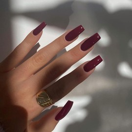 Wine Red Press On Nails Medium Long Square, Xcreando Medium Coffin Nails Acrylic Press ons Glue on Nails, Solid Color Fake Nail for Women, Natural Thick Artificial Stick on