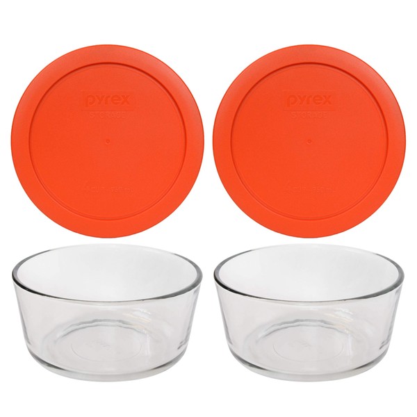 Pyrex (2 7201 4 cup Glass Dishes & (2) 7201-PC 4 Cup Pumpkin Orange Lids Made in the USA