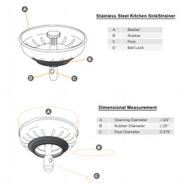 Highcraft 9754JO Stainless Steel Kitchen Sink Strainer Basket-Replacement for Standard Drains (3-1/2 Inch) -Ball-Lock Rubber Stopper, 3-1/2