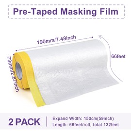 BOMEI PACK Pre-Taped Masking Film, 59inch x 66Feet Tape and Drape for Automotive Painting Covering, Two Rolls, Total 132Feet
