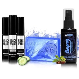 BLACKBEARD for Men Anti-Aging Super Pack - 3 Pack Beard Dye Alternative, 1 Seasoap and 1 Seaspray, Temporary Dye for Beard, Mustache, Eyebrow, and Sideburns, Hypoallergenic - Dark Brown