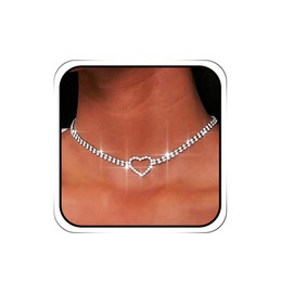 EVAZEN Rhinestone Choker Necklace Silver Heart Necklaces Jewelry Sparkly Party Prom Neck Chain for Women