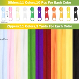 Keadic 121Pcs #3 33 Yards Nylon Coil Zippers with Pulls Sliders Assortment Set, 11 Colors Lightweight Adaptable Plastic Zipper Sliders and Zipper Heads for Clothes Bag Purse Pillows Sewing Making