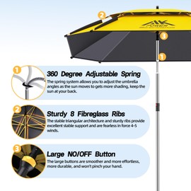 yuzhiyuan Outdoor Patio Umbrella, 7.8FT Yard Pool Umbrella with 8 Sturdy Ribs and Double Layer Vent, Portable Beach Umbrella with Adjustable Sun Protection for Garden, Travel, Fishing (Yellow)