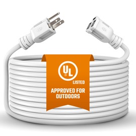 Outdoor Extension Cord Waterproof 10 Ft, White, Indoor, Outdoor Power Cord, Heavy Duty 16/3, Single Outlet, UL Listed, 3-Prong, Grounded Outlet, Extension Wire.
