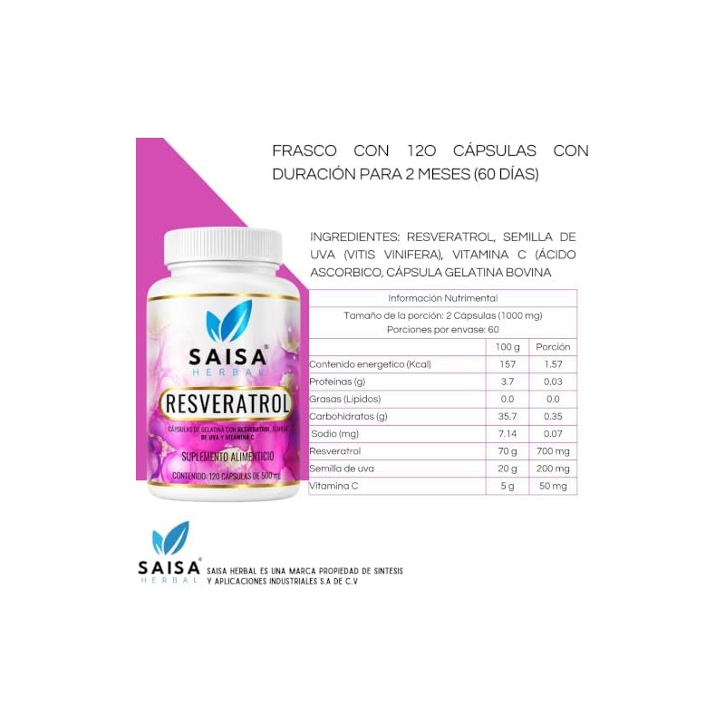 Resveratrol Semilla de uva y Vitamina C 120 cápsulas Antioxidante