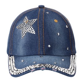 Bling Baseball Cap for Women Bejeweled Distressed Denim and Diamonds Hat Studded Rhinestone Cap Star