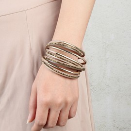 TASBERN Leather and Metal Bracelet for Women - Crystal Tube Wrap Cuff Bangle Layered Bracelets Jewelry for Friend Christmas Gift