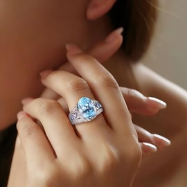 AGRULE March Birthstone Rig 11.39 Carat Statement Big Cocktail Ring Sterling Silver Thick Band Oval Cut Big Aquamarine Ring for Men Women, Size 8