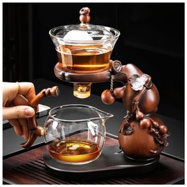 Lazy Kungfu Drip TeaPot, Heat Resistant Tea Set, Semi-Automatic Glass Teapot Suit for Magnetic Water Flow Wooden Glass Teapot Set