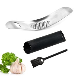 WUDQIJI Knoblauchpresse Knoblauchschneider 3-teiliges Set Edelstahl Rostfrei Knoblauchmühle Garlic Press Ingwer Smasher Crusher mit Reinigungsbürste Knoblauchschäler einfache Handhabung und Reinigung