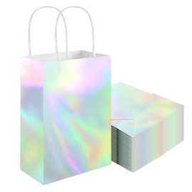 36 Pcs Glossy Iridescent Gift Bags, Holographic Party Favor Bags with Handle, Small Iridescent Gift Bag with Tissue, Party Treat, Glitter Paper Goodies Bag for Wedding Birthday(8.3 x 5.9 x 3.1 Inch)