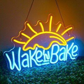 NOSUN Wake in Bake Neon Sign Coffee Bar Neon Signs for Wall Decor with Dimmable Yellow Blue LED Neon Sign Sun Neon Lights Sign for Bedroom Home Kitchen Restaurant Shops Cafes Dessert House Party
