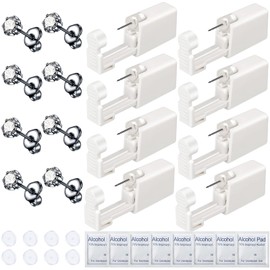 Orglace 32 Pcs Ear Piercing Kit Disposable Ear Piercing Gun Kit with 8Pcs Self Ear Piercing Gun and 8Pcs Earrings Stud 8Pcs Alcohol Pads,8Pcs Clear Piercing Disc (531#-5mm White)
