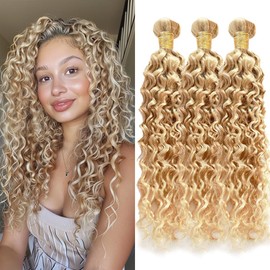24 26 28 Inch Blonde Ombre Curly Wave Bundles Human Hair P27613 Highlight Honey/Light Blonde Bundles Double Weft Brazilian Human Hair Extensions for Black Women Natural Look