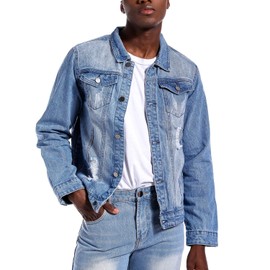 LAMKUKU Mens Denim Jacket Ripped Slim Jean Jacket Coat for Men (XX-Large, LightBlue)