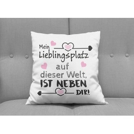 Love Cushion with Slogan “Mein Lieblingsplatz auf Dieser Welt, ist neben dir”, Love, Treasure, Relationship, Gift, Valentine's Day, Decorative Cushion, White, 40 cm x 40 cm