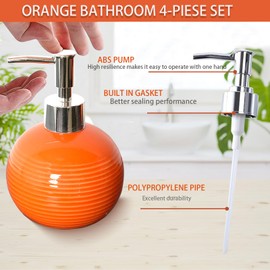 JHLAYKG Orange Bathroom Accessories Set 4 Pcs, Ceramic Bathroom Accessory Set with Lotion Soap Dispenser, Toothbrush Holder, Bathroom Tumbler and Soap Dish,Orange Bathroom Decor