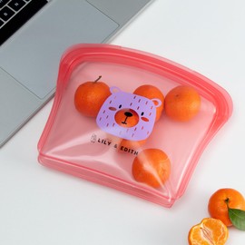 LILY & EDITH Silicone Reusable Snack Sandwich Lunch Food Bag Gift Sets, Leakproof, Airtight, Dishwasher & Microwave & Freezer Safe, Portable,Multipurpose, Adults (Pink Bear, 800ml)