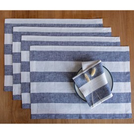 Solino Home Cabana Stripe Linen Placemats Set of 4 – 100% Pure Linen Navy and White Placemats 14 x 19 Inch – Machine Washable Cloth Placemats for Fall, Thanksgiving, Christmas, Winter, Holiday Decor