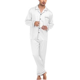 SWOMOG Men's Pajama Set Silk Satin Pajamas Classic Button-Down Sleepwear Soft Long Sleeve Loungewear Set White